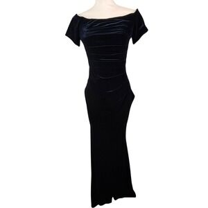Xscape Womens Stretch Velvet Gown Off Shoulder Ruched Navy Size 4 Old Money